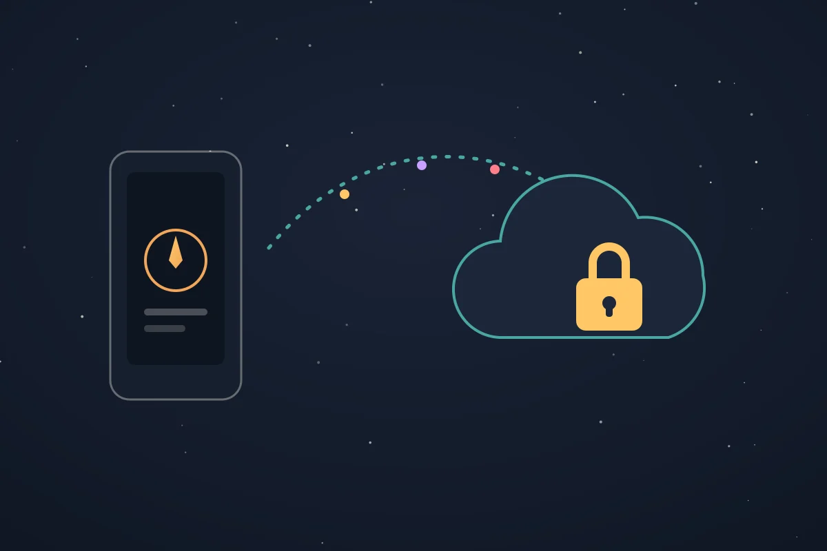 Illustration of a phone with a compass on screen sending data along a dotted arc to a locked cloud