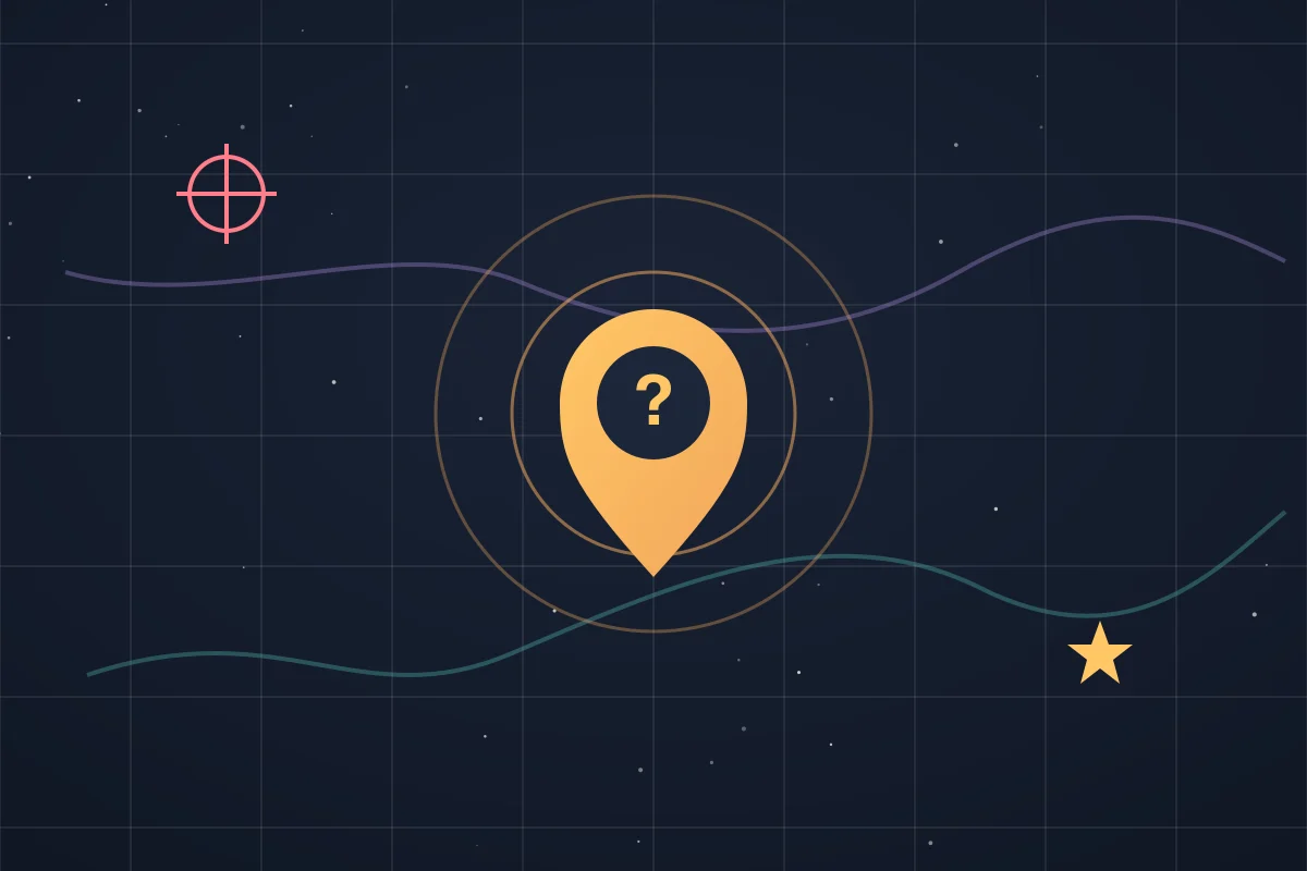 Illustration of a glowing map pin with a question mark at the center of a dark world map grid, with a crosshair and a star nearby
