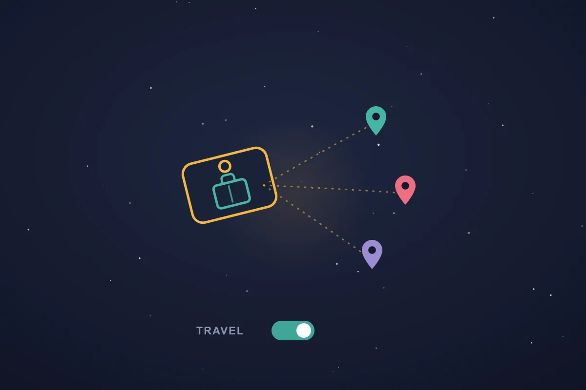Illustration of a luggage tag with a suitcase icon connected by dotted lines to three target pins, with a travel-mode toggle switched on below
