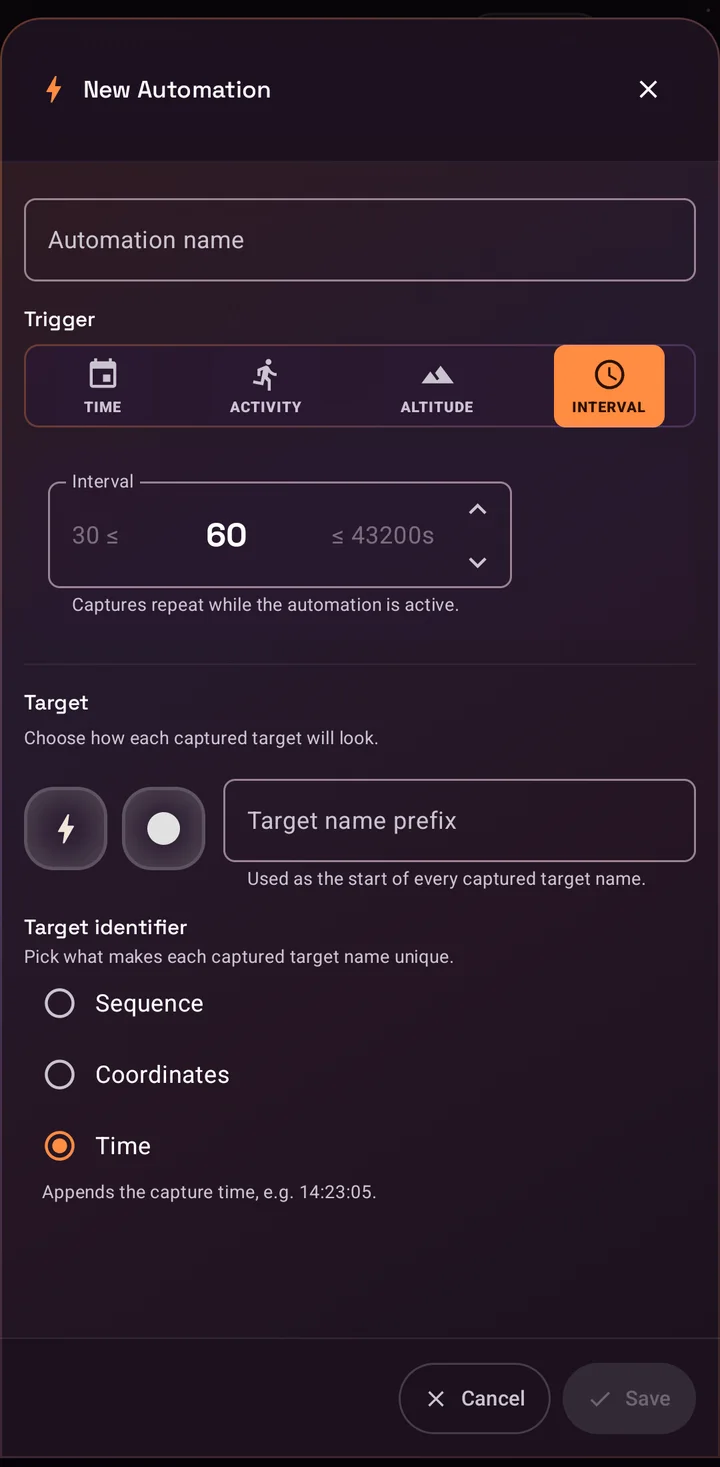 SIMT New Automation editor showing the four trigger types: Time, Activity, Altitude, and Interval, plus target template and identifier options