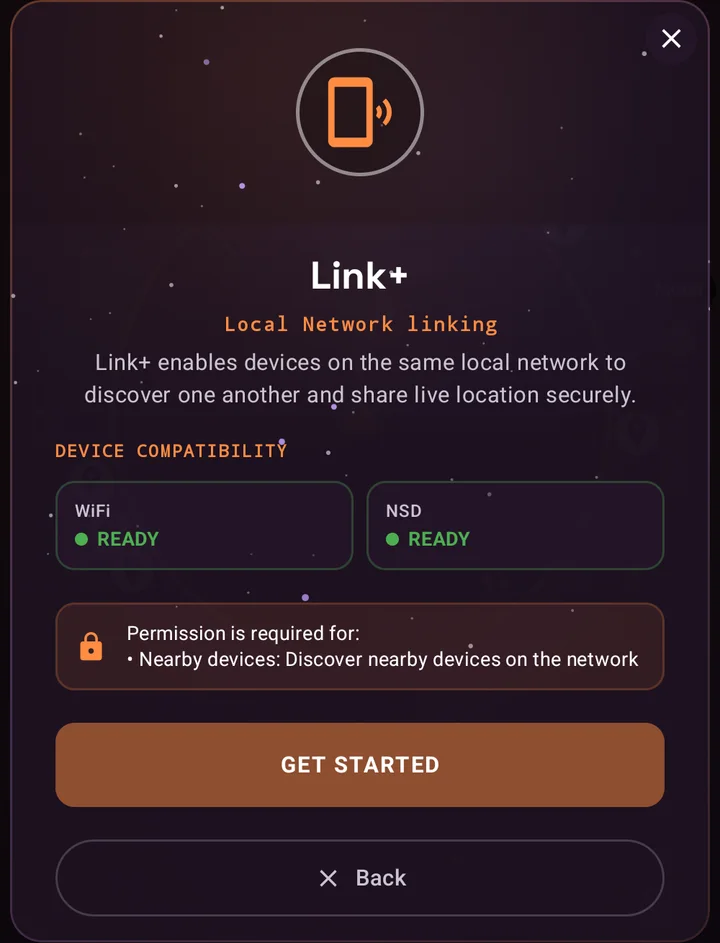 Link+ setup dialog with Wi-Fi and NSD readiness checks and a Get Started button