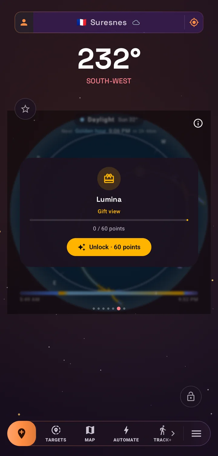The Lumina gift view locked in the compass pager, showing a blurred preview, a points progress bar at 0 of 60, and an Unlock button
