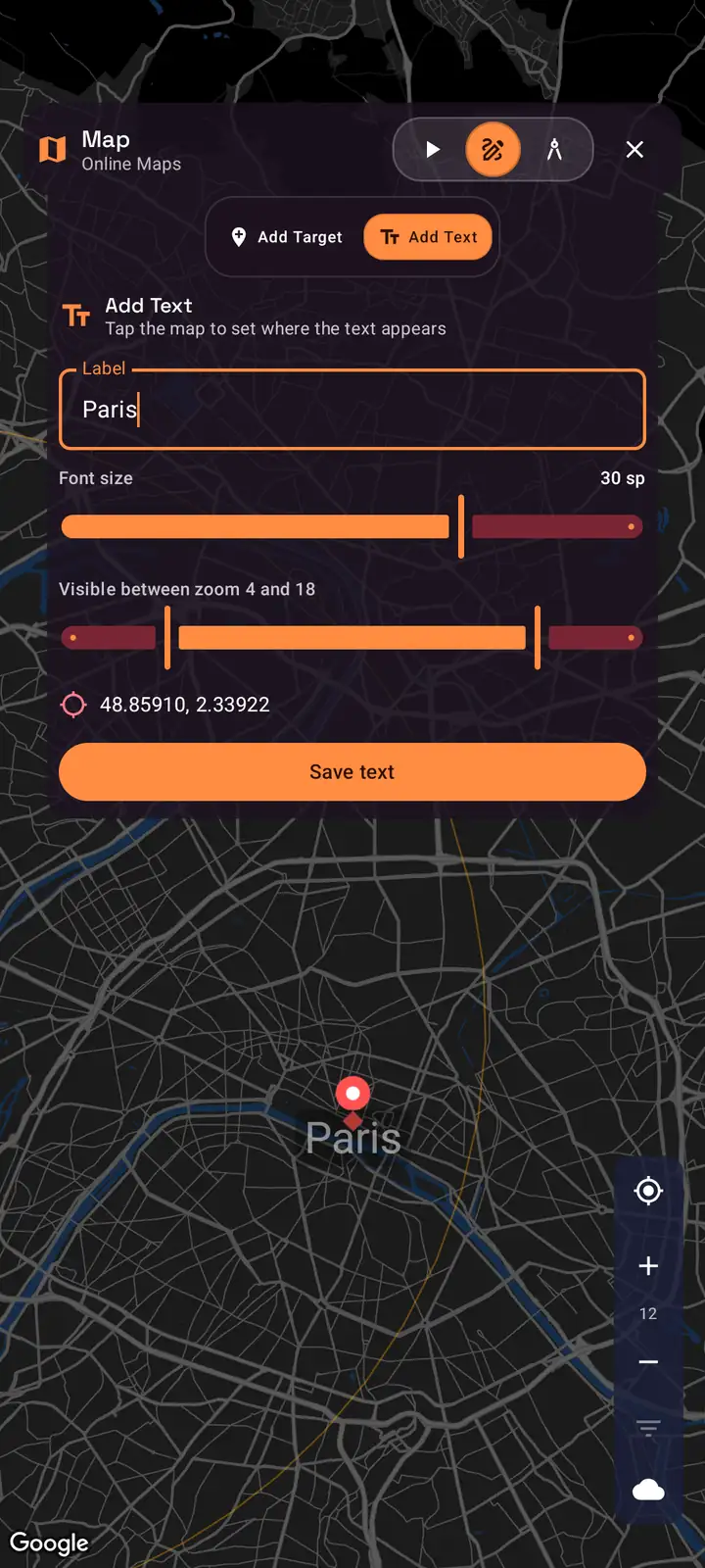 SIMT dark map view with the tool dock and a centered target marker