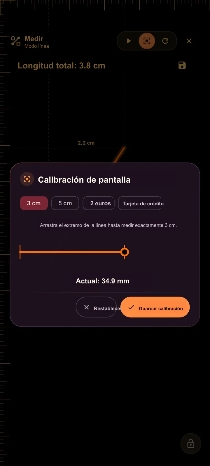Cuadro de calibración de pantalla de SIMT Measure con referencias en centímetros, una moneda de 2 euros y una tarjeta de crédito, además de una línea ajustable