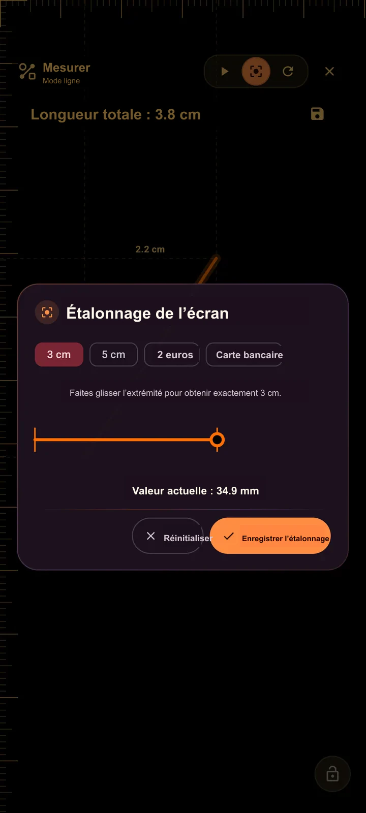 Boîte de dialogue d’étalonnage de l’écran dans SIMT Measure, avec des références en centimètres, une pièce de 2 Euro, une carte bancaire et une ligne de référence réglable