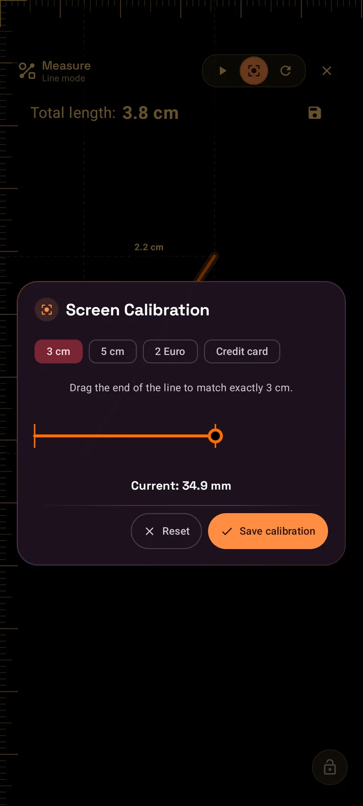 SIMT Measure Screen Calibration dialog with reference chips for centimetres, a 2 Euro coin, and a credit card, and a draggable reference line