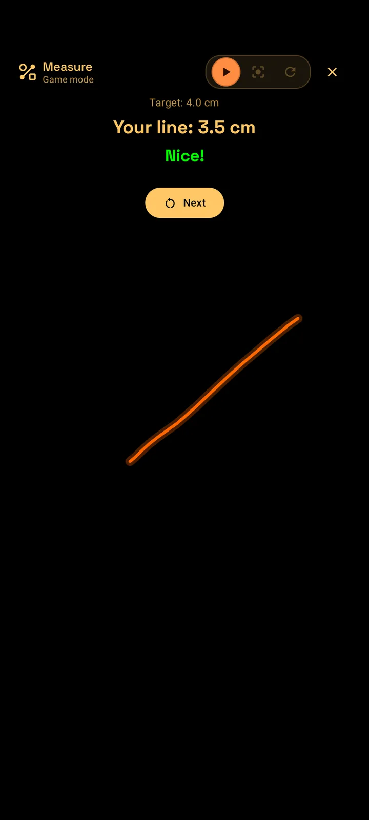 SIMT Measure game mode showing a target length, a drawn line, and a result with the difference and a Nice or Perfect verdict