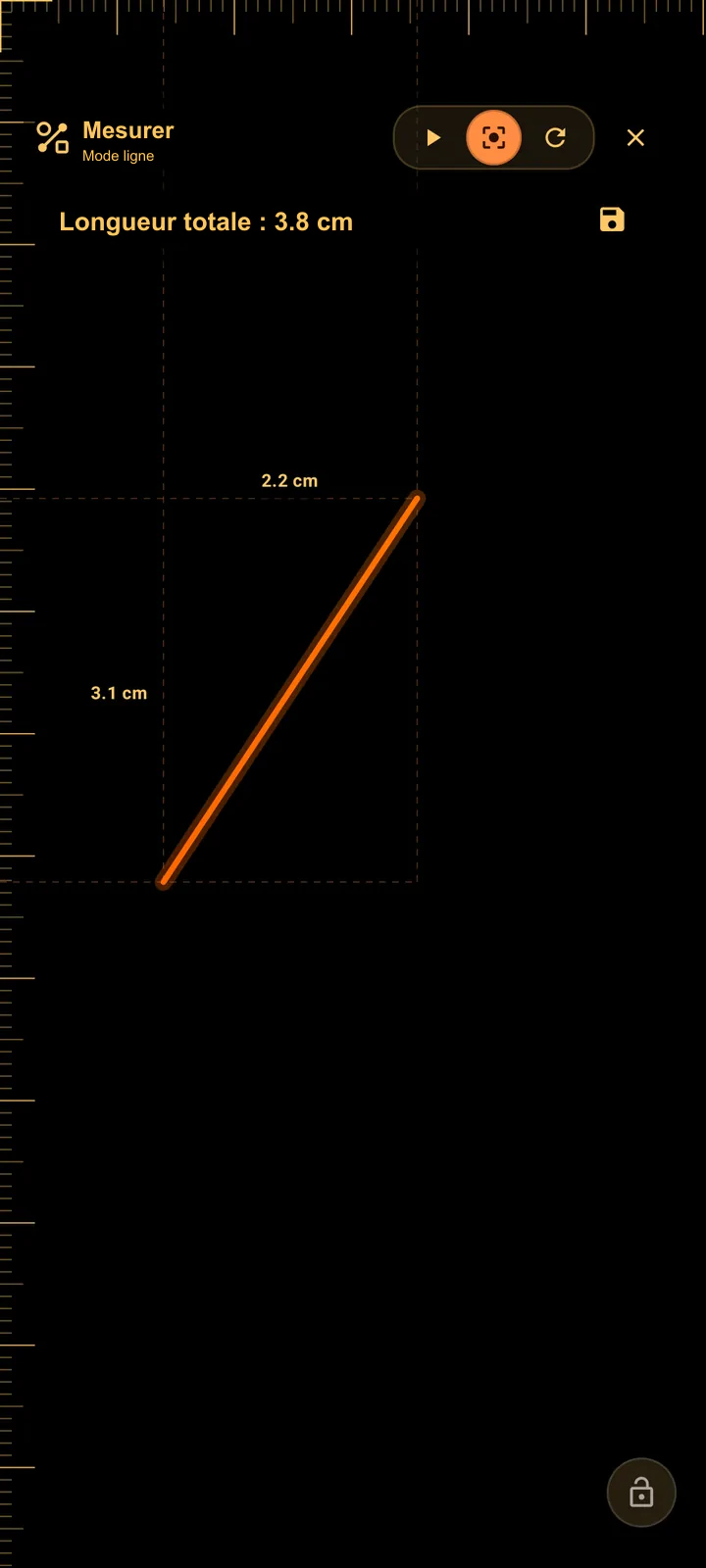 SIMT Measure en mode Line affichant un tracé, sa longueur totale et les indications de ses projections en largeur et en hauteur