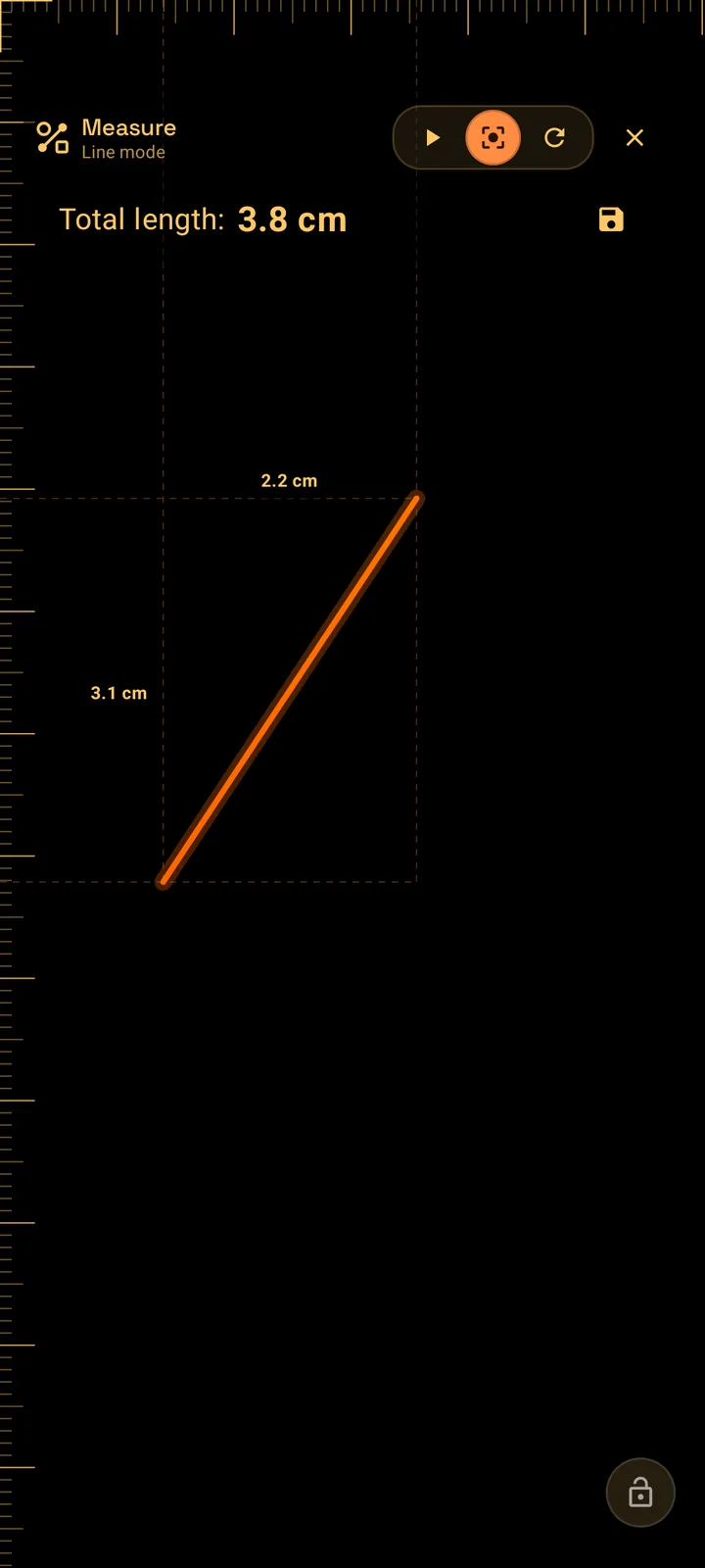 SIMT Measure in Line mode showing a drawn path with a total length readout and width and height projection labels