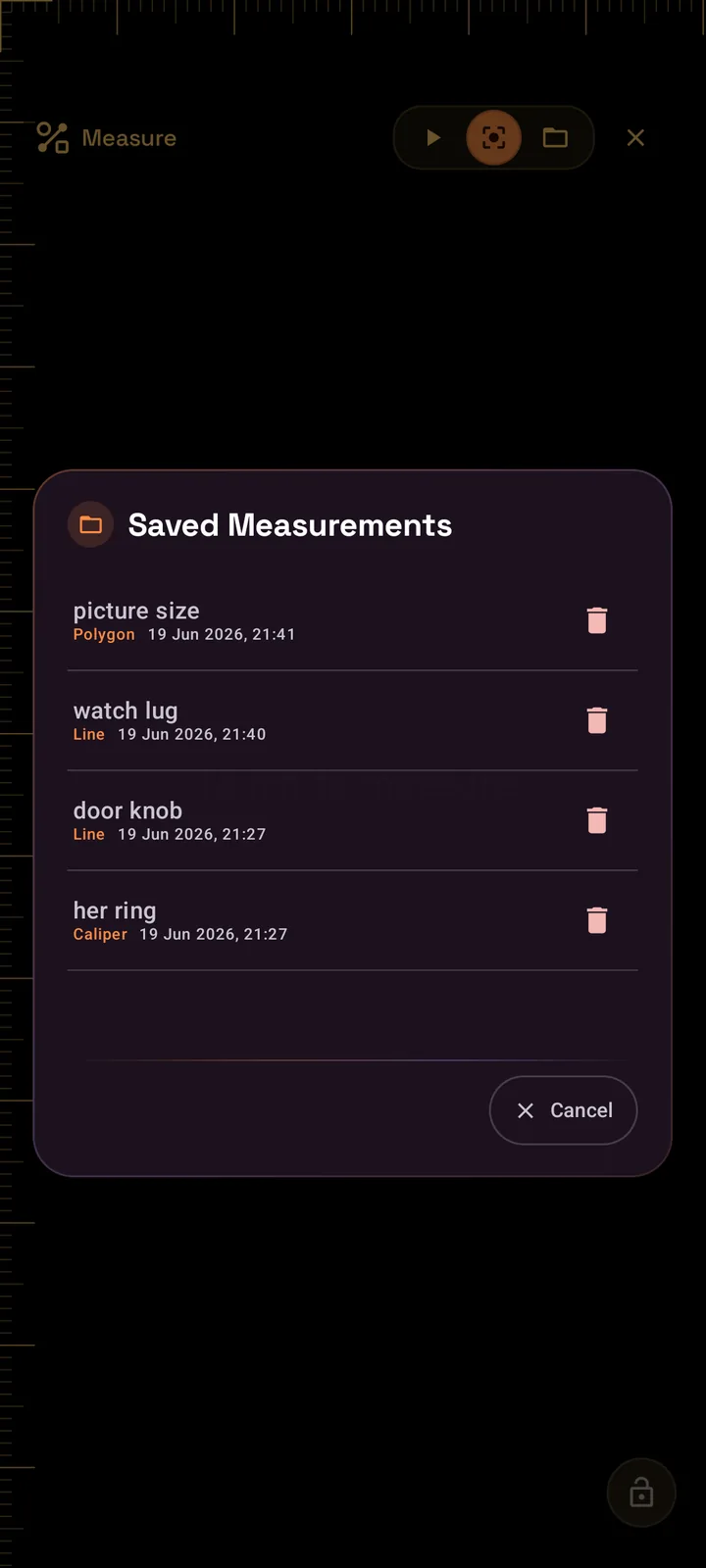 SIMT Measure Saved Measurements list showing named entries with their type — Caliper, Line, Polygon — and the date saved