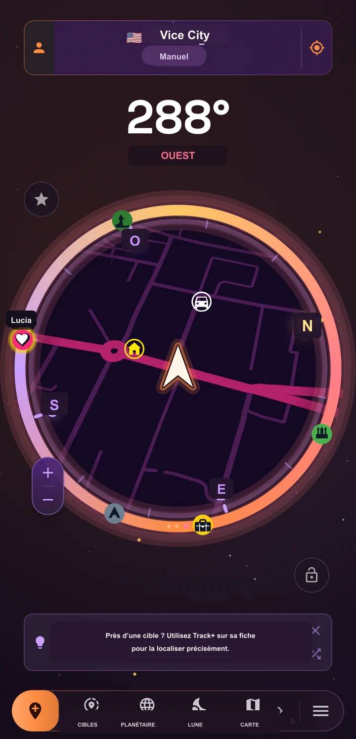 Capture de la mini-carte SIMT en fonctionnement sur un Pixel 8a : carte circulaire violette, flèche pointant vers l’avant, cap de 288 degrés vers l’ouest, cible Lucia, maison, voiture, parc, musée et autres balises radar.