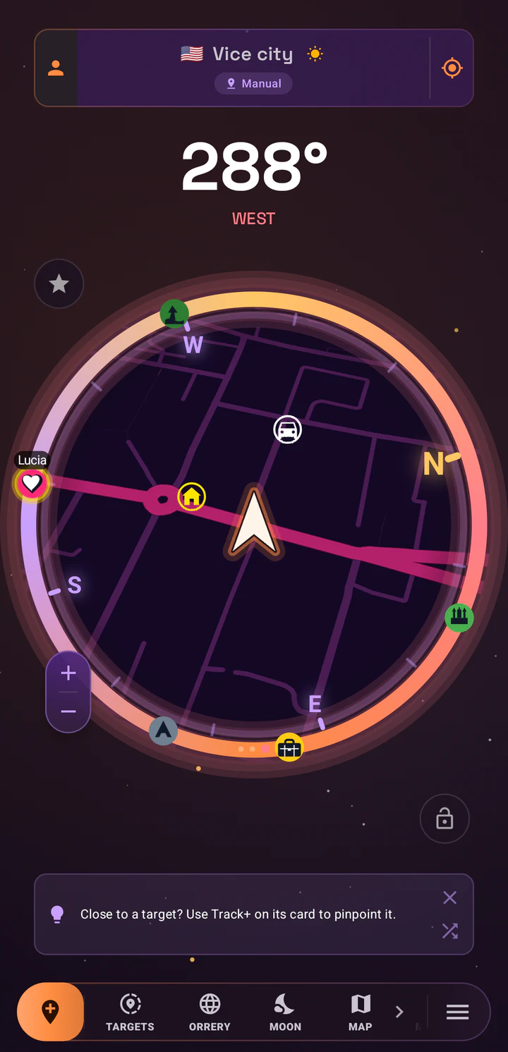 Live SIMT Minimap screenshot on a Pixel 8a showing a circular purple street map, a forward arrow, 288 degrees west, a Lucia target, home, car, park, museum, and other radar blips.