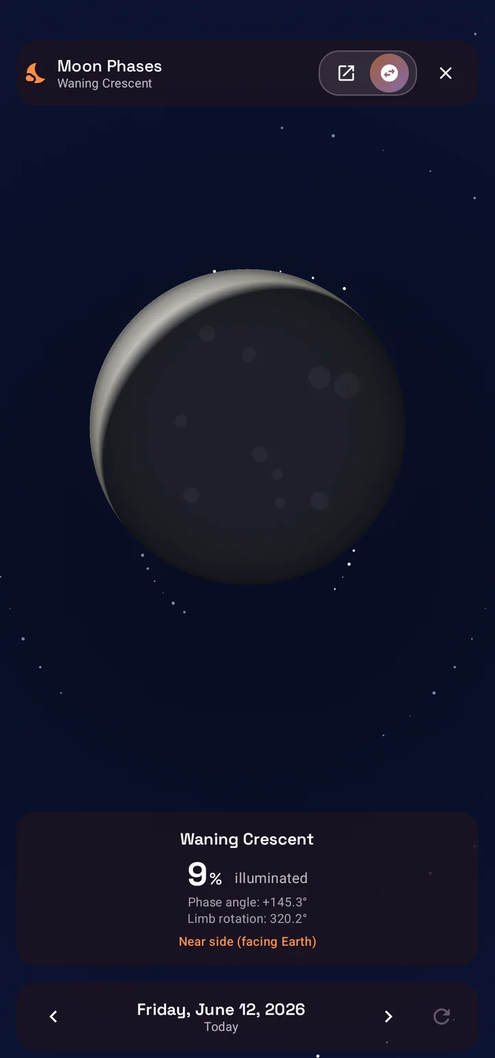 SIMT Moon Phases screen showing a realistic waning crescent moon, 9 percent illuminated, with phase angle, limb rotation, and a day scrubber
