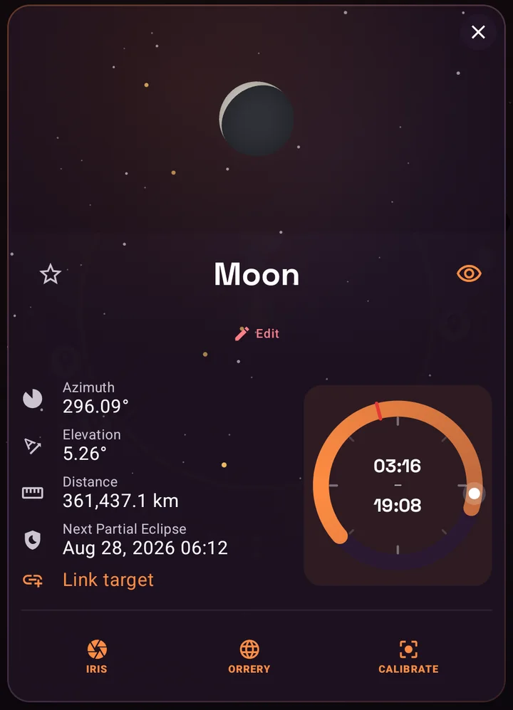 SIMT Moon sky details with azimuth, elevation, distance, the next eclipse date, and a 24-hour rise and set dial