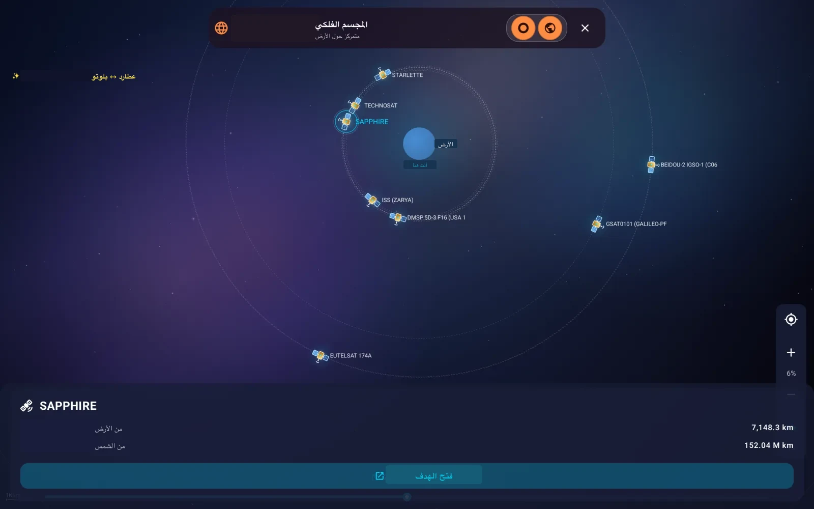 عرض SIMT Orrery في الوضع الأرضي المركز بعد التقريب إلى الأرض، وتظهر محطة ISS وأقمار Starlette وTechnosat وSapphire وDMSP وEutelsat وقمر BeiDou IGSO وقمر Galileo في مدارات مسماة حول الكوكب، مع لوحة تفاصيل تعرض مسافة SAPPHIRE من الأرض والشمس