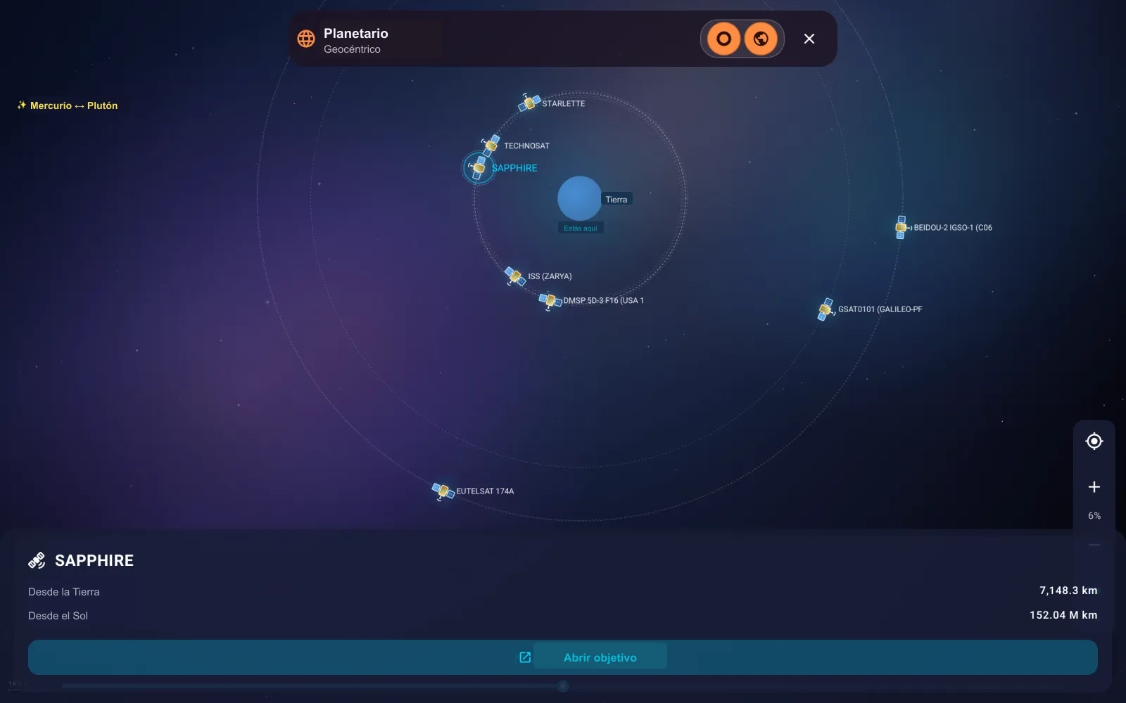 SIMT Orrery en modo geocéntrico, ampliado sobre la Tierra, con la ISS, Starlette, Technosat, Sapphire, DMSP, Eutelsat, un BeiDou IGSO y un satélite Galileo dibujados en órbitas etiquetadas, y un panel con la distancia de SAPPHIRE a la Tierra y al Sol