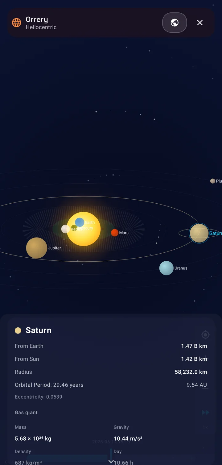 SIMT Orrery with Saturn selected, showing distance from Earth and Sun, radius, orbital period, and physical data
