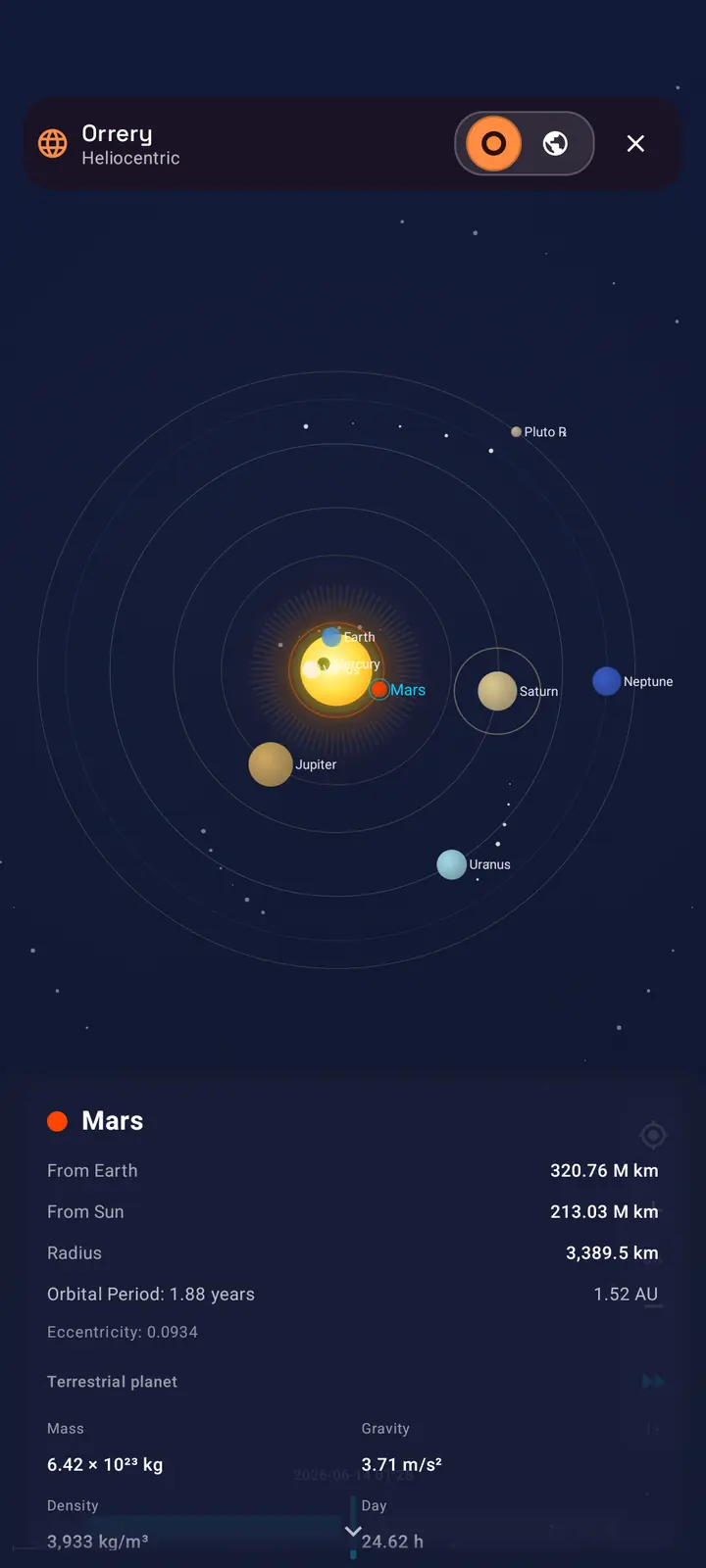 SIMT Orrery in heliocentric top view, looking straight down on the Sun with every planet's orbit drawn as a concentric ring, Mars selected, and a detail card showing its distance from Earth and Sun, radius, and orbital period