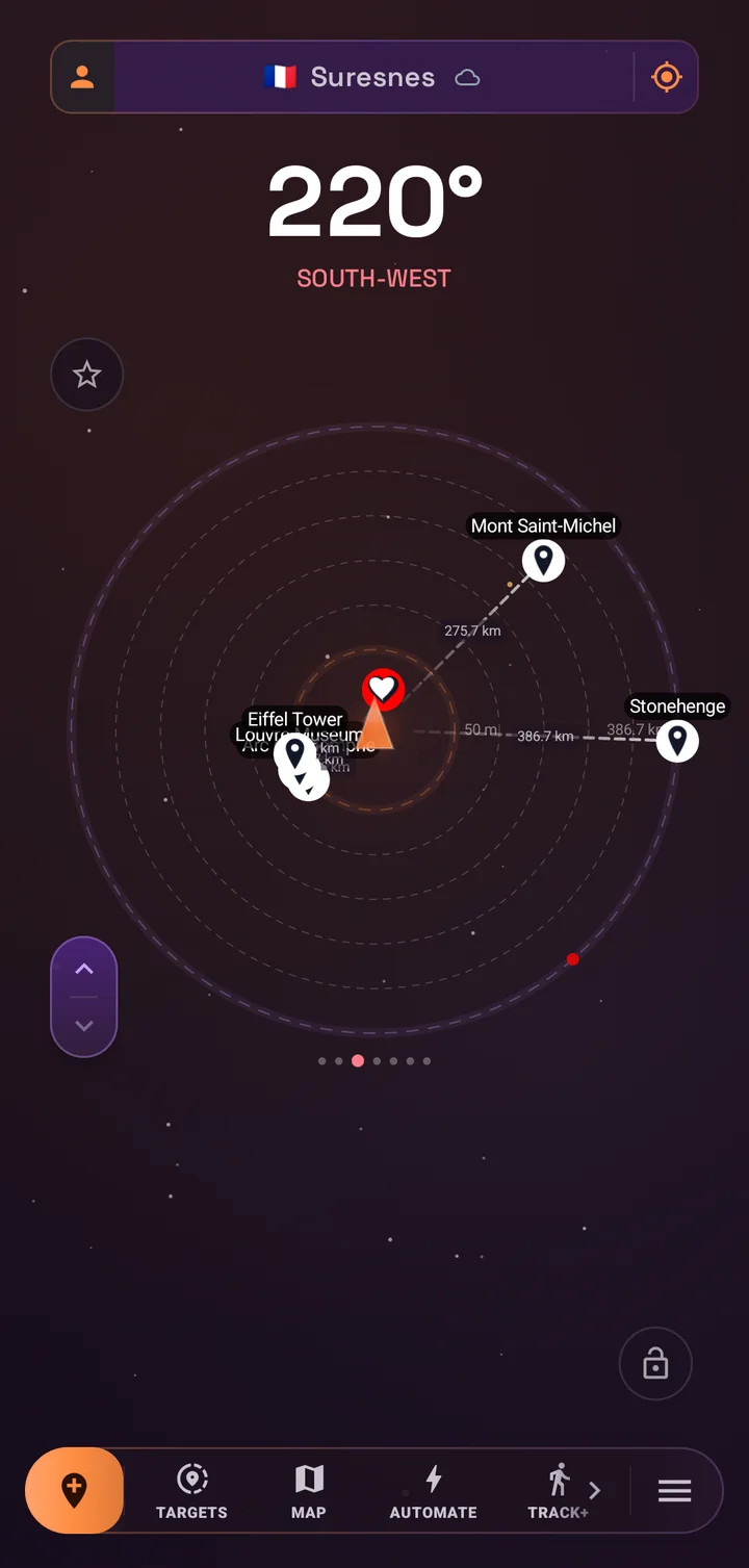 SIMT Proximity Star compass view with targets like Mont Saint-Michel and Stonehenge ranged on distance rings