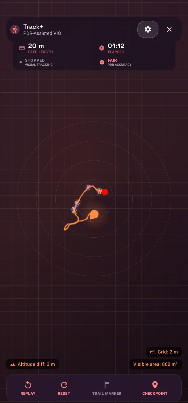 SIMT Track+ screen with a recorded indoor path, grid scale, altitude difference, and checkpoint controls