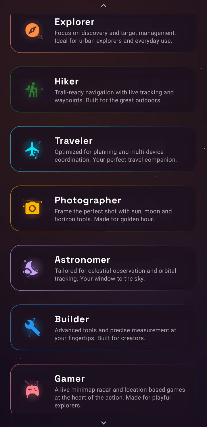 SIMT UI role picker showing seven role cards in a vertical list: Explorer, Hiker, Traveler, Photographer, Astronomer, Builder, and Gamer, each with a colored icon and a one-line description